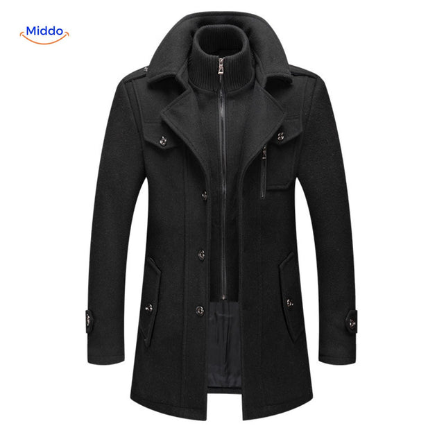 Double-collar wool coat in black, full-length front view with structured silhouette and British styling.