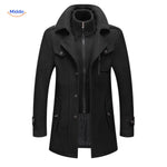Double-collar wool coat in black, full-length front view with structured silhouette and British styling.