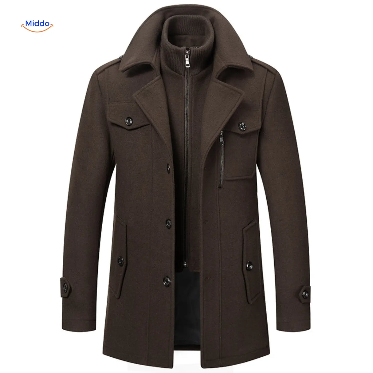 Brown double-collar wool coat styled in a Peaky Blinders-inspired look, lifestyle shot.