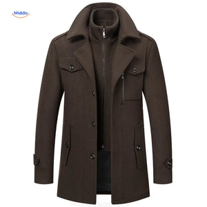 Brown double-collar wool coat styled in a Peaky Blinders-inspired look, lifestyle shot.
