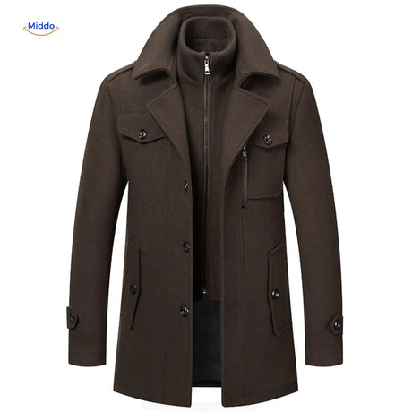 Brown double-collar wool coat styled in a Peaky Blinders-inspired look, lifestyle shot.