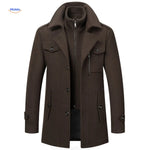 Brown double-collar wool coat styled in a Peaky Blinders-inspired look, lifestyle shot.