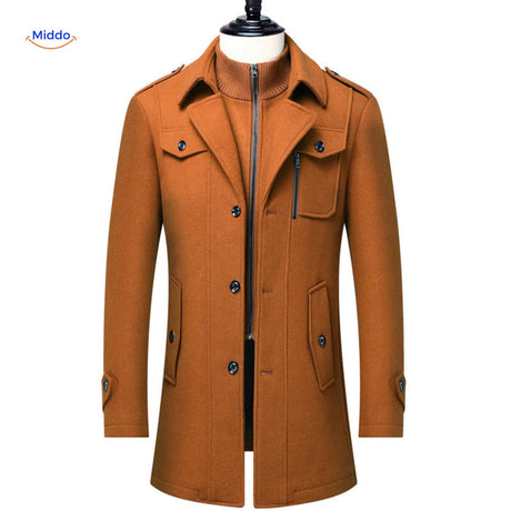 Double-collar wool coat in warm brown, full-length view with heritage British styling.