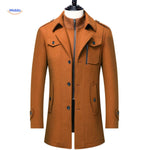 Double-collar wool coat in warm brown, full-length view with heritage British styling.