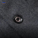 Close-up of the buttons on the grey wool coat showing quality button finish and stitching.