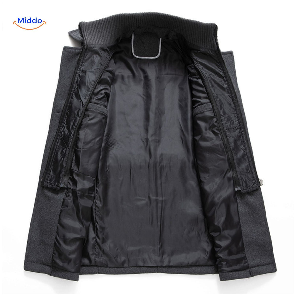 Interior lining of the grey wool coat showing the smooth inner fabric and quality construction.