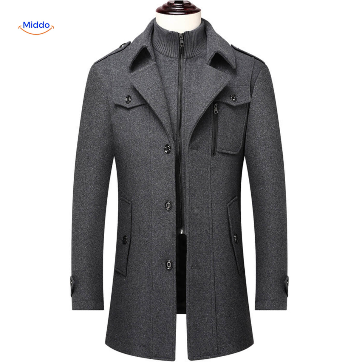 Double-collar wool coat in grey, styled as a classic trench coat with clean lines.