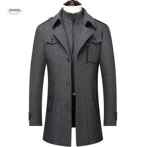 Double-collar wool coat in grey, styled as a classic trench coat with clean lines.