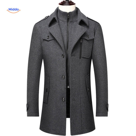 Double-collar wool coat in grey, styled as a classic trench coat with clean lines.