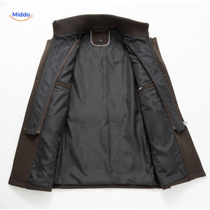 Interior lining view of the double-collar wool coat showing the full inner construction and finish.