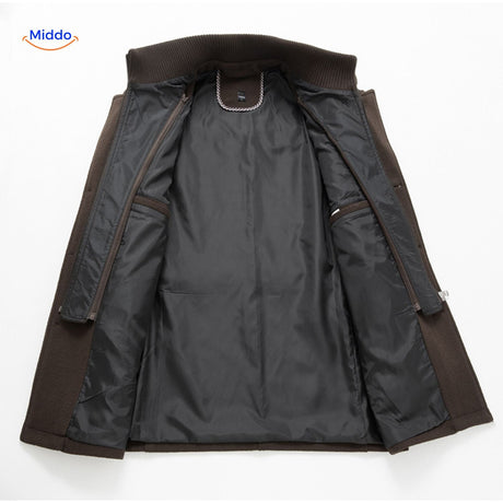 Interior lining view of the double-collar wool coat showing the full inner construction and finish.