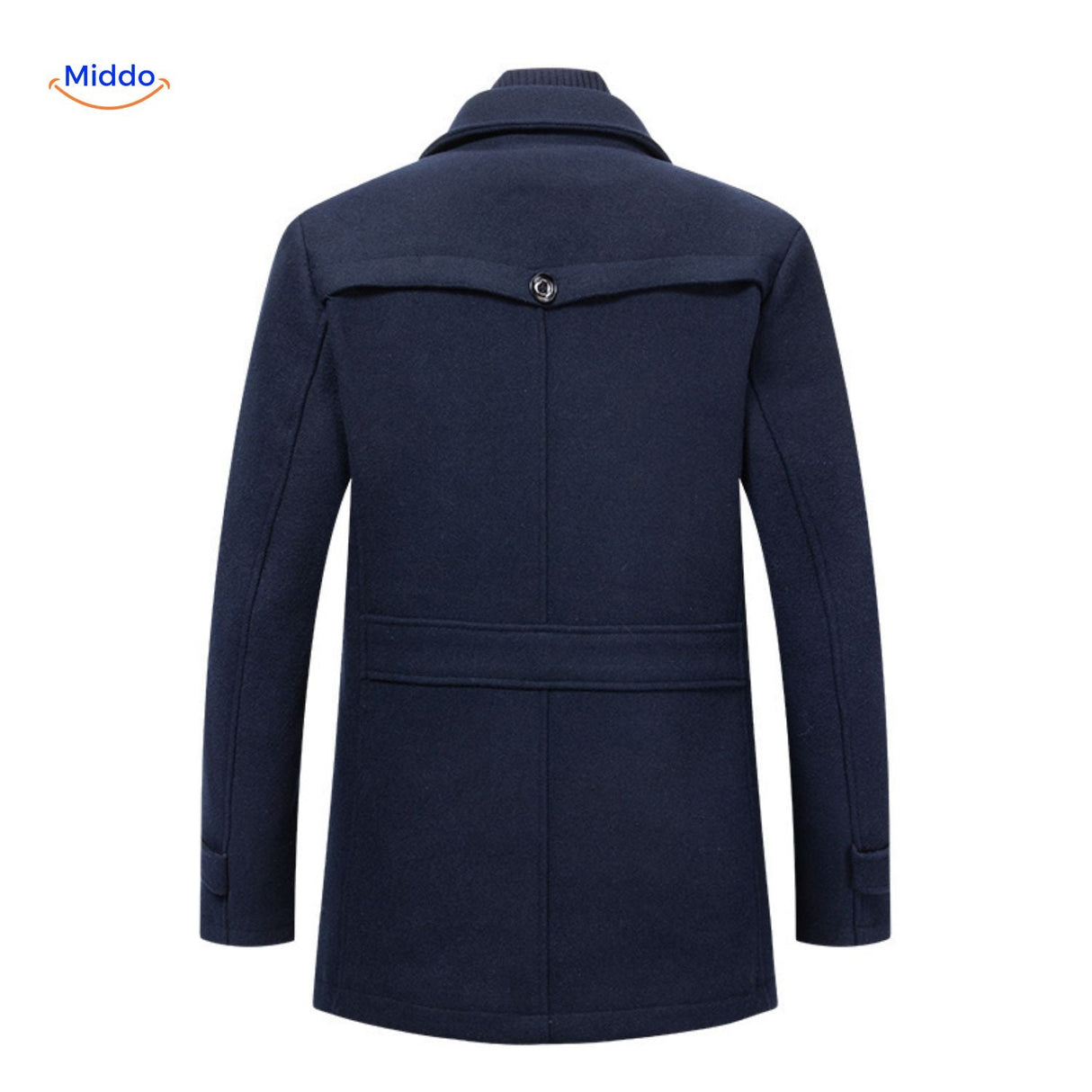 Back view of the dark navy double-collar wool coat showing the rear cut, seam, and hem.