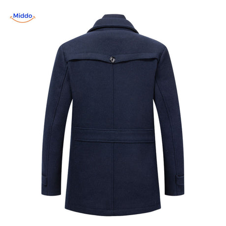 Back view of the dark navy double-collar wool coat showing the rear cut, seam, and hem.