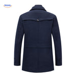 Back view of the dark navy double-collar wool coat showing the rear cut, seam, and hem.