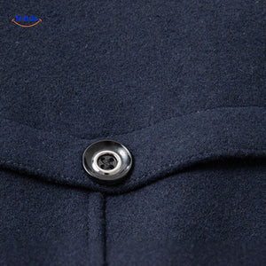 Close-up of the buttons on the dark navy wool coat showing button alignment and craftsmanship.