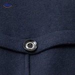 Close-up of the buttons on the dark navy wool coat showing button alignment and craftsmanship.