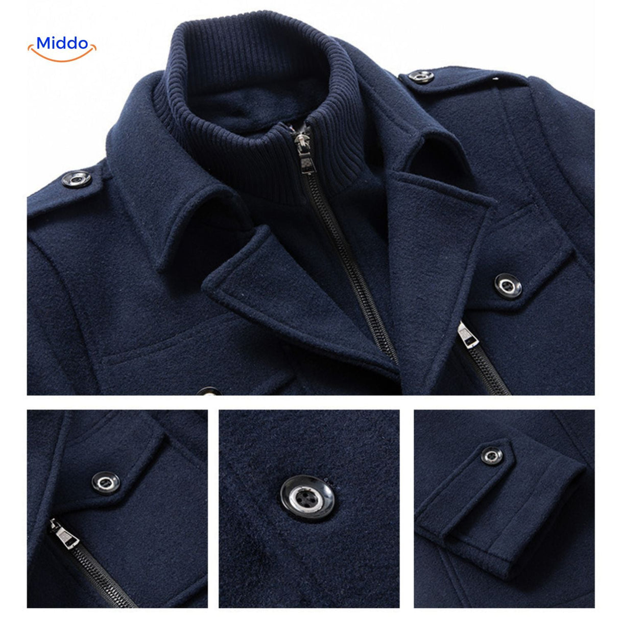 Detail shot of the dark navy wool coat highlighting seams, collar, and overall tailored finish.