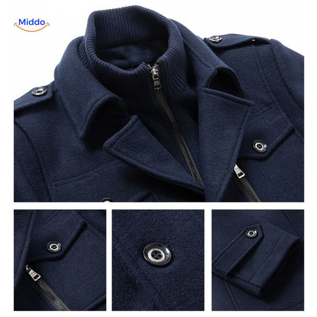 Detail shot of the dark navy wool coat highlighting seams, collar, and overall tailored finish.