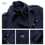 Detail shot of the dark navy wool coat highlighting seams, collar, and overall tailored finish.