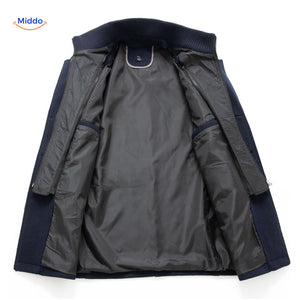 Interior lining of the dark navy wool coat showing the inner fabric finish and seam details.