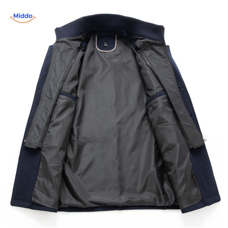 Interior lining of the dark navy wool coat showing the inner fabric finish and seam details.