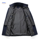 Interior lining of the dark navy wool coat showing the inner fabric finish and seam details.