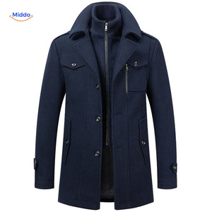 Double-collar wool coat in dark navy blue, full-length front view showing tailored fit.