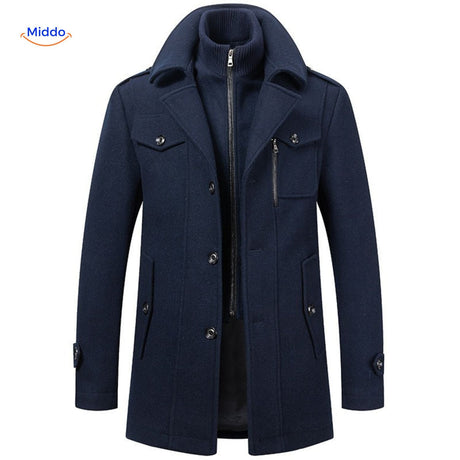 Double-collar wool coat in dark navy blue, full-length front view showing tailored fit.