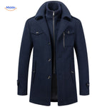 Double-collar wool coat in dark navy blue, full-length front view showing tailored fit.
