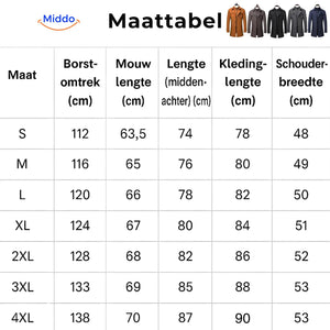 Size chart for the double-collar wool coat showing measurements for all available sizes.