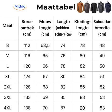 Size chart for the double-collar wool coat showing measurements for all available sizes.