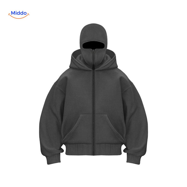 AutumnBliss double-hood cotton hoodie with logo detail on black colorway.