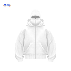 White double-hood cotton hoodie with embroidered logo on front.