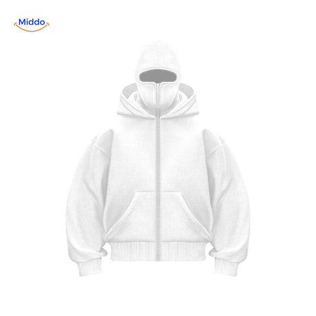 White double-hood cotton hoodie with embroidered logo on front.