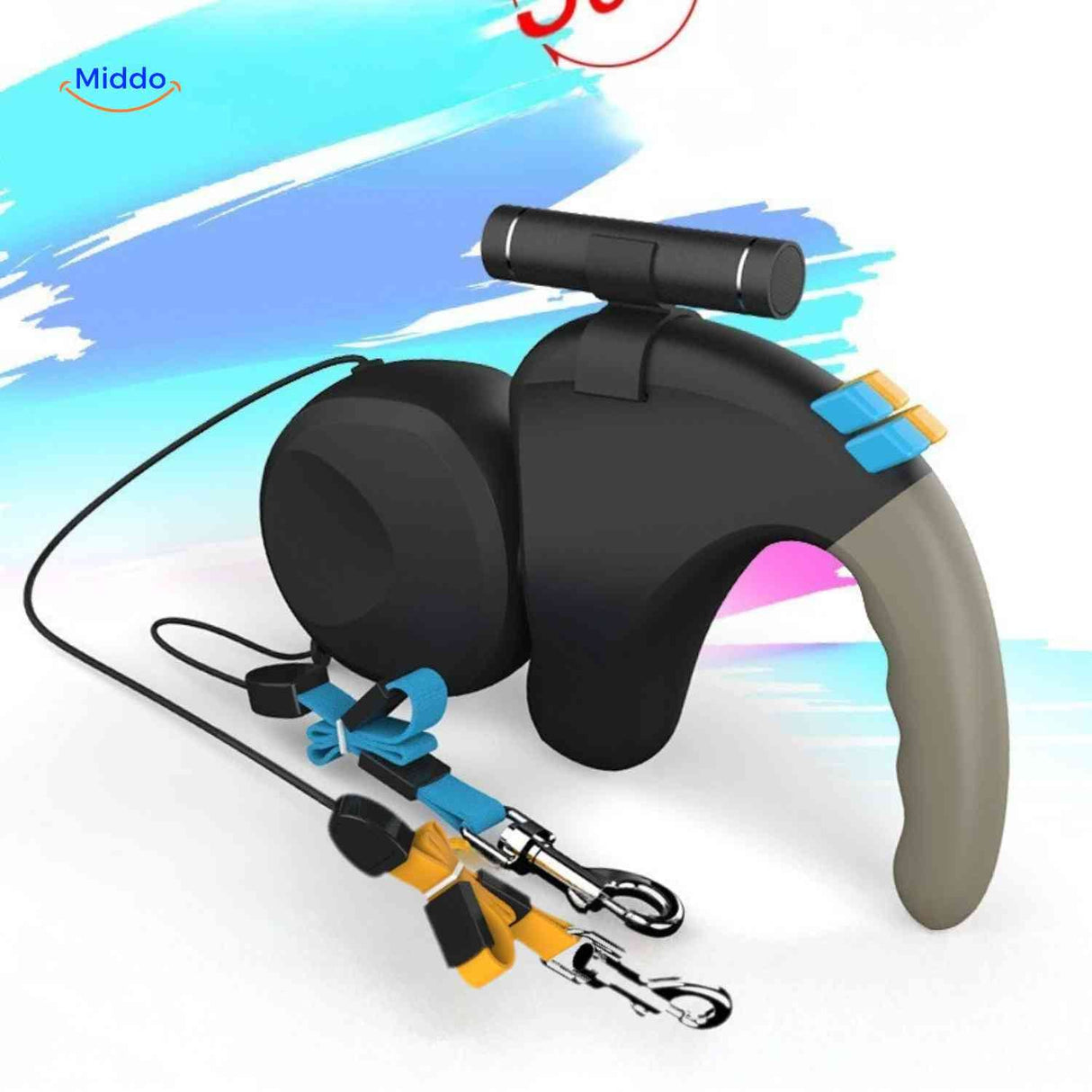 Double retractable dog leash with integrated LED safety light feature.