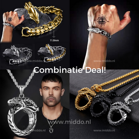 Viking dragon bracelet and necklace combo set displayed together as a complete matched jewelry set.