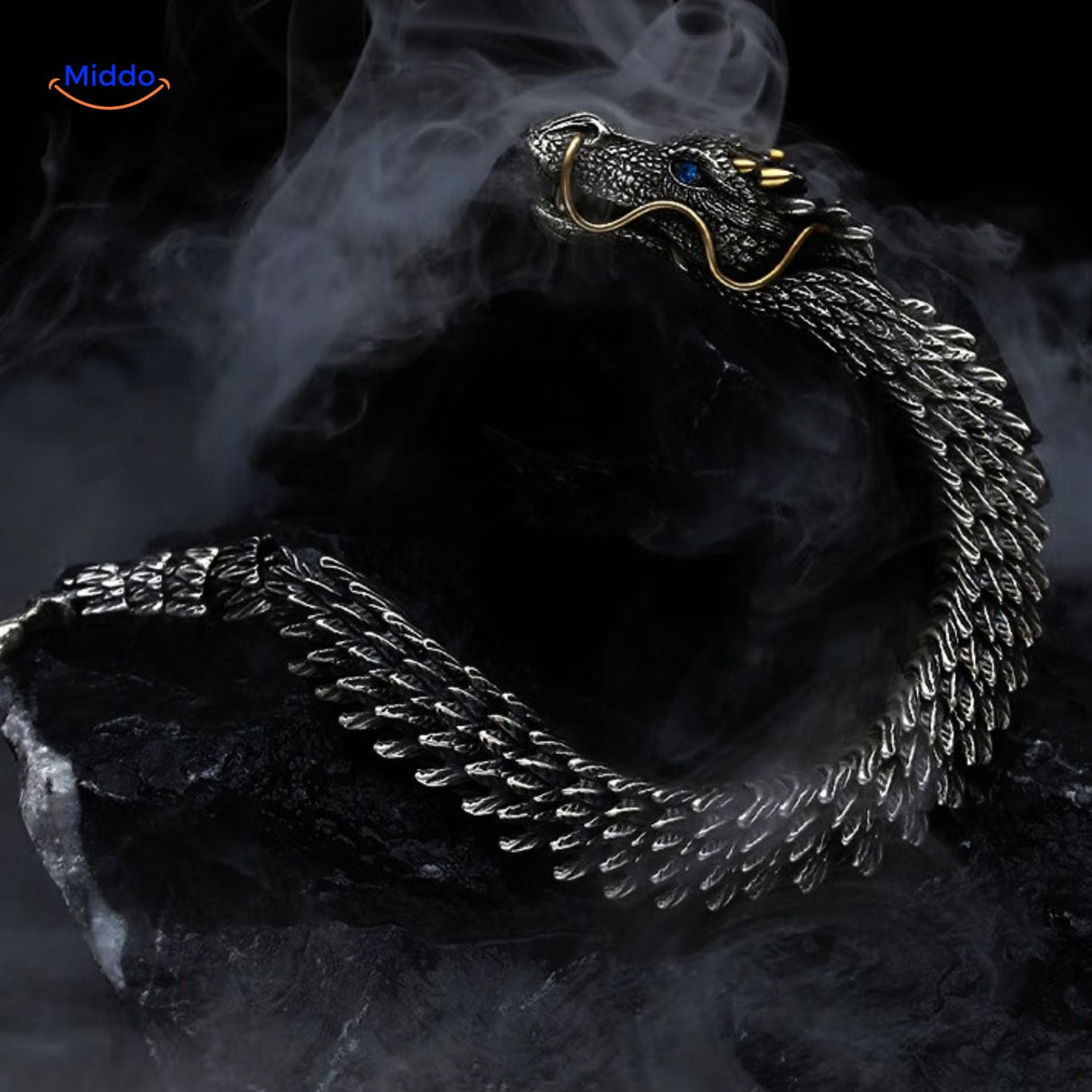 Dragon bone bracelet emerging from shadows in a dramatic styling shot.