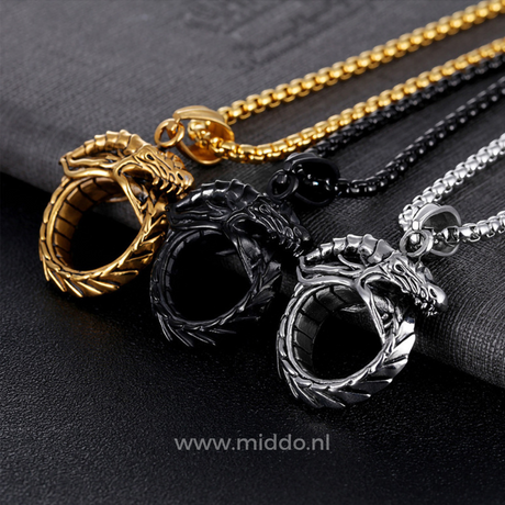 Dragon necklace in gold, black, and silver finishes displayed together to show all color variants.