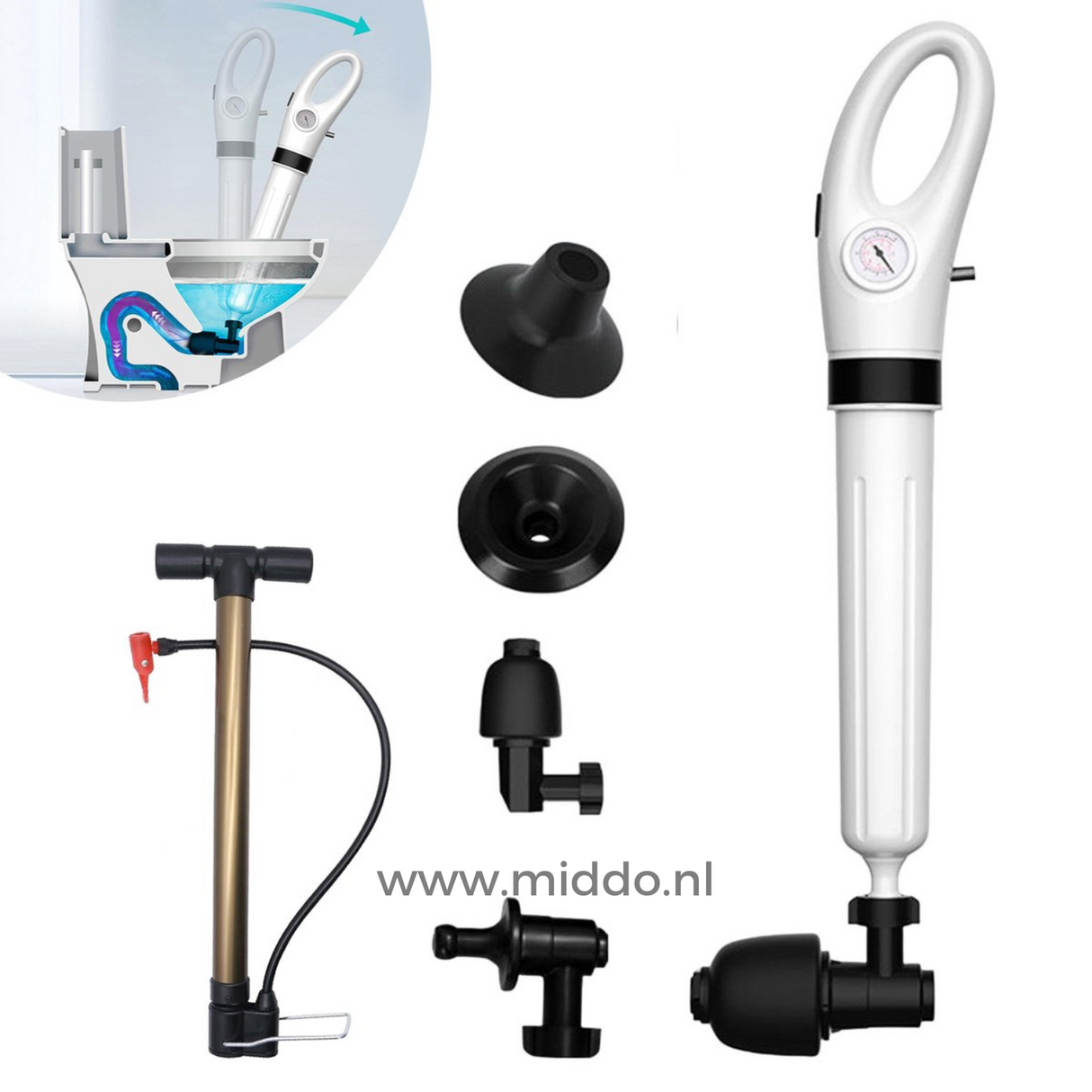 Complete set of drain blaster accessories and interchangeable nozzle attachments included