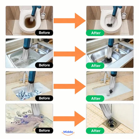 Before-and-after drain-clearing examples for toilets, sinks, and floor drains.