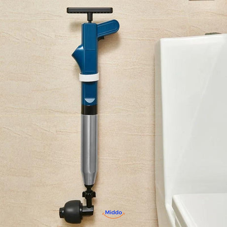 Turbo Air Pressure Drain Blaster stored conveniently in a bathroom.