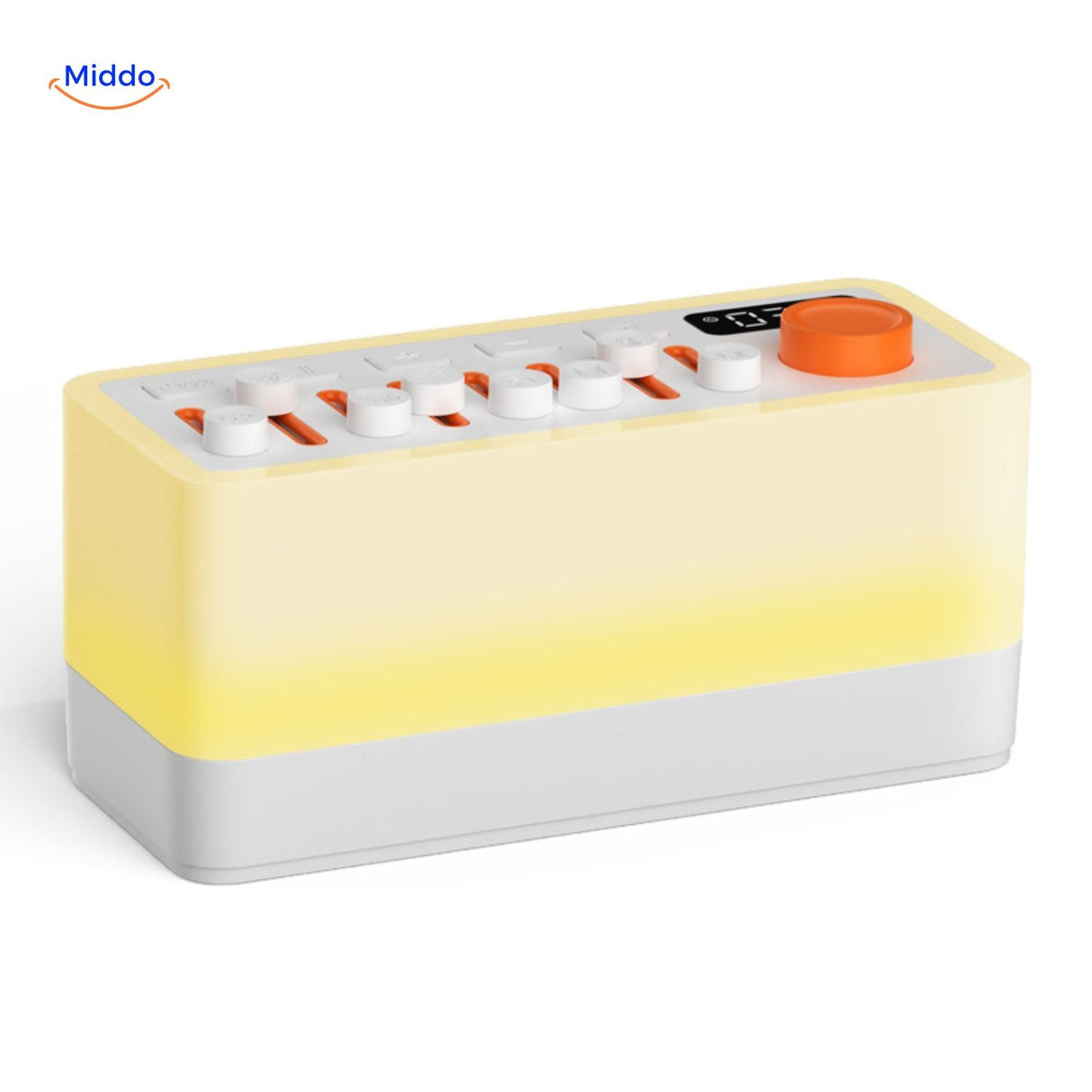 DreamGlow with warm yellow RGB light, sound therapy controls and blue accent design