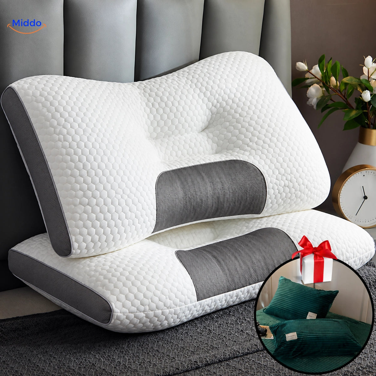 DreamGuard Pro honeycomb pillow with 2 free pillowcases – Dark Green