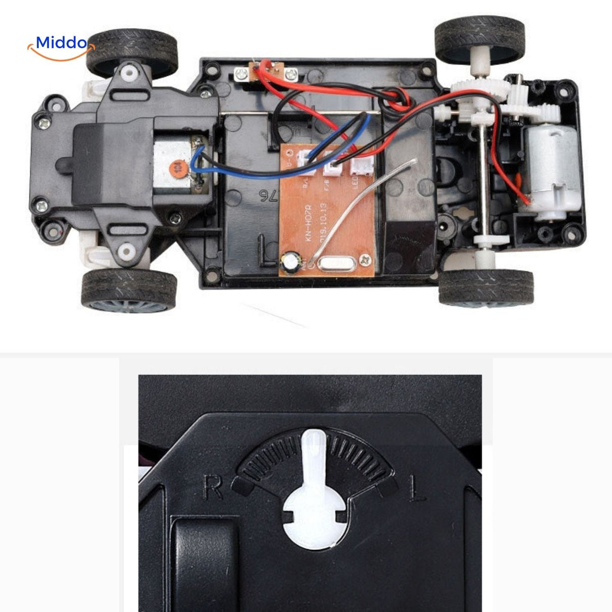 Close-up of the drift RC car interior showing the 4WD drive system and chassis components