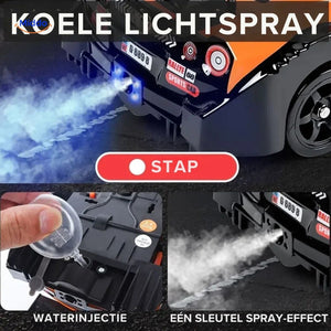 4WD drift RC car with LED light effects glowing in a dark environment