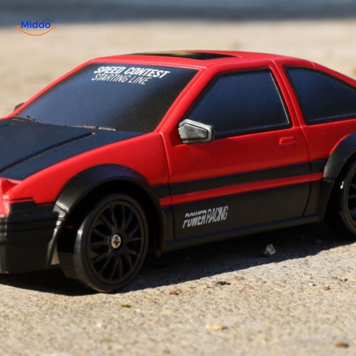Red drift RC car shown in a speed contest graphic highlighting performance stats