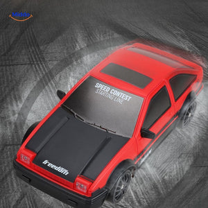 Red drift RC car with speed specification callouts showing top performance figures