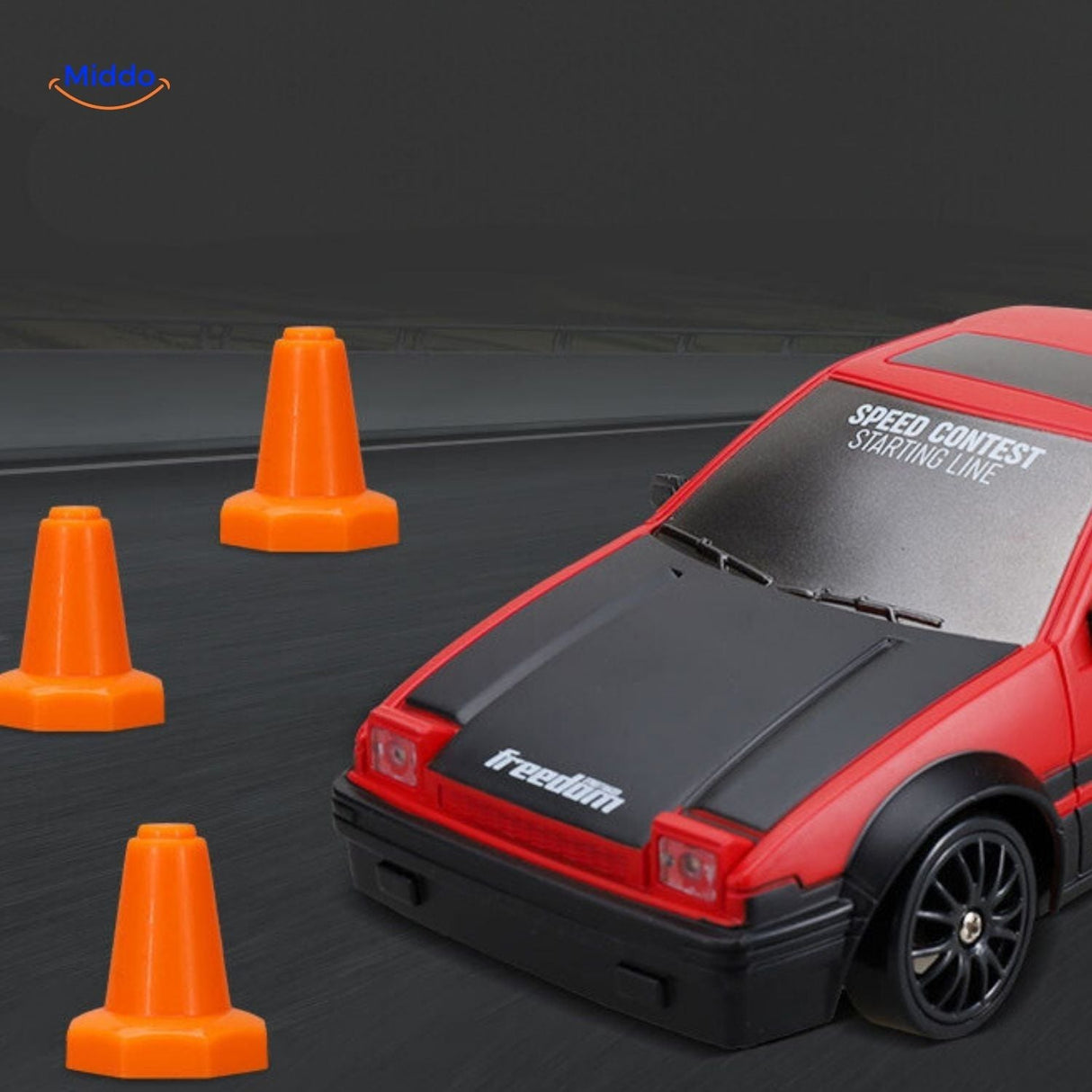 Red 4WD drift RC car weaving through traffic cones in a drift course setup