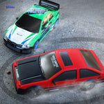 Green and red 4WD drift RC cars racing side by side on a smooth surface