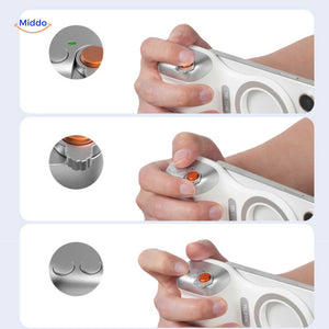 Dual control buttons with orange shutter trigger.